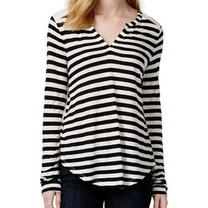 Maison Jules Striped Split Neck Top XS Black White